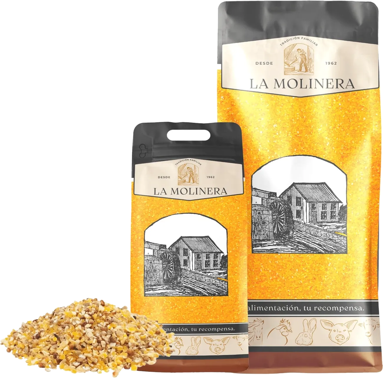 Bolsa de 10 kg y saco de 25 kg de La Molinera, con su grano